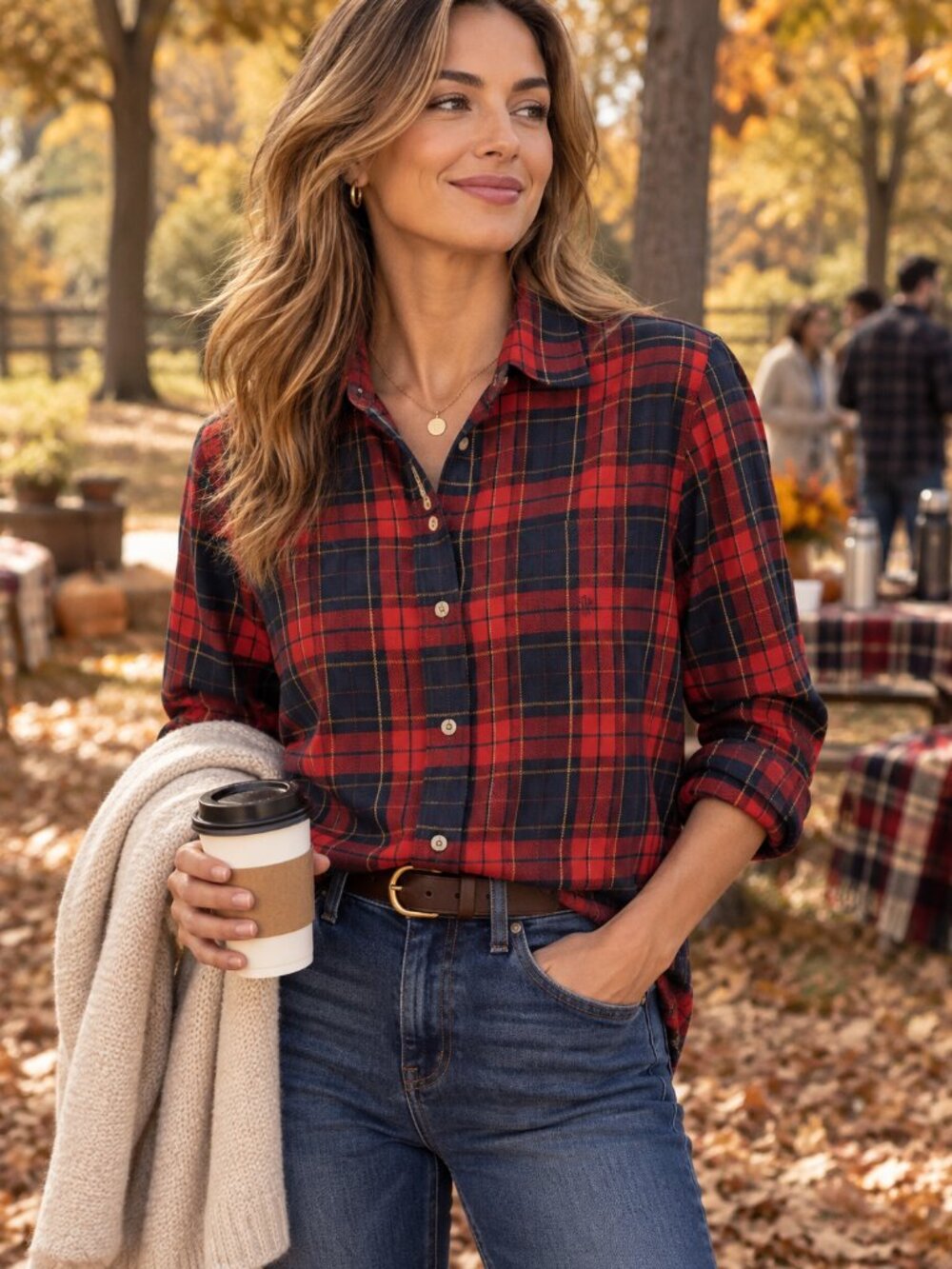 LAUREN RALPH LAUREN M Red Navy Tartan Plaid Cotton Button Up Pocket